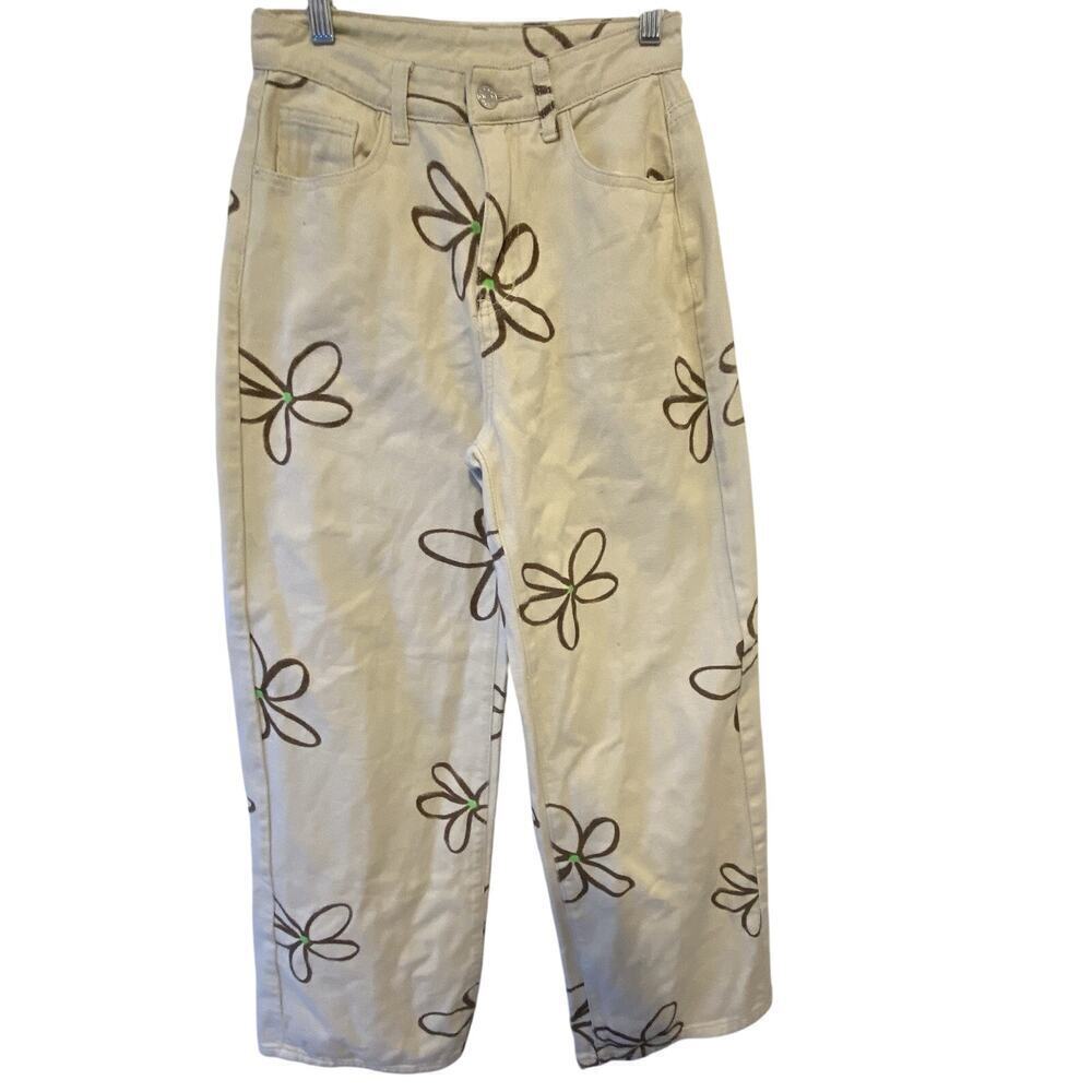 Women Jeans XS/2 Wide Leg Baggy Denim Beige Hand Painting Flowers Y2K Preppy